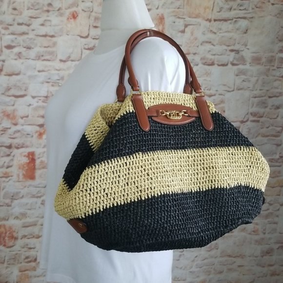 New Ralph Lauren Striped Straw Daphney Tote Bag - Picture 3 of 14